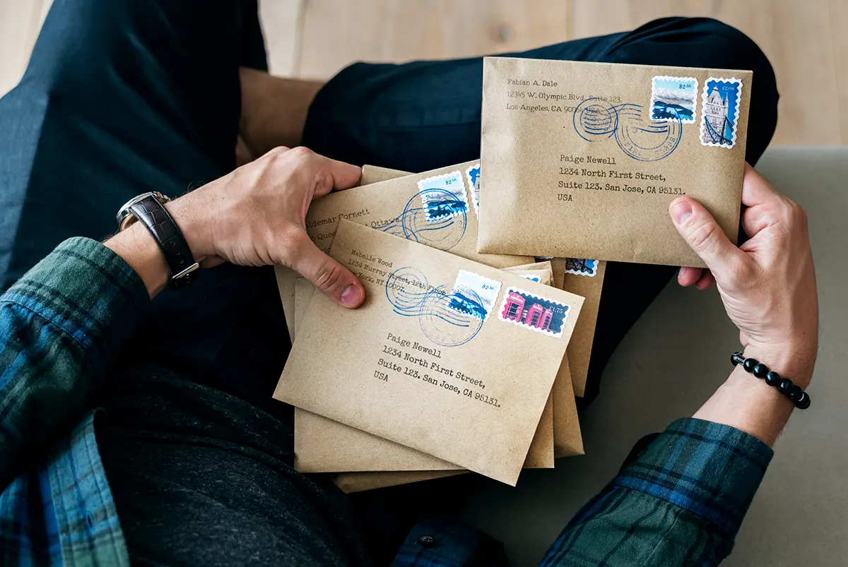 A person holding a stack of brown envelopes with postage stamps and mailing addresses