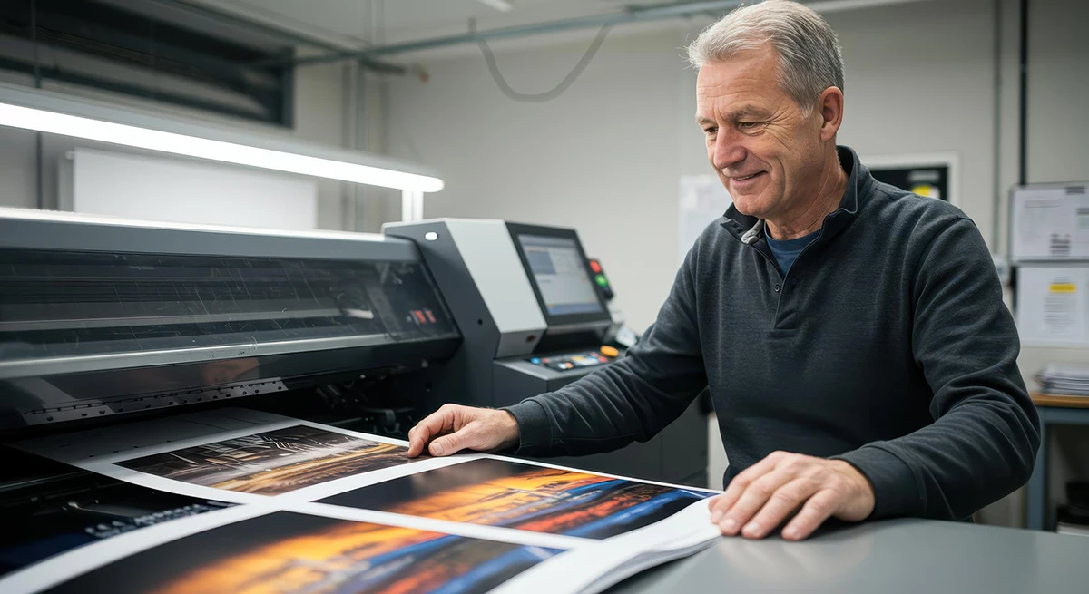 A print technician checking the quality of prints being produced by a large-format printer