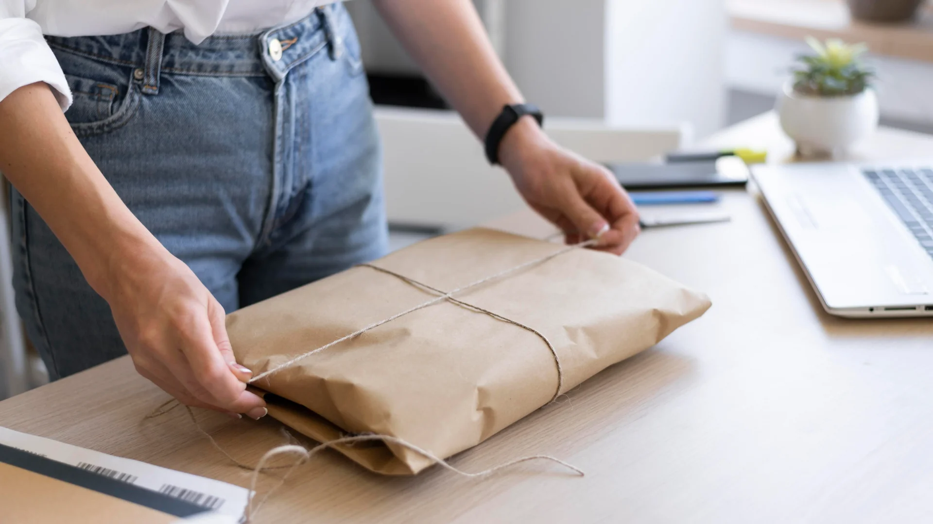 A person preparing a branded package for direct mail campaign