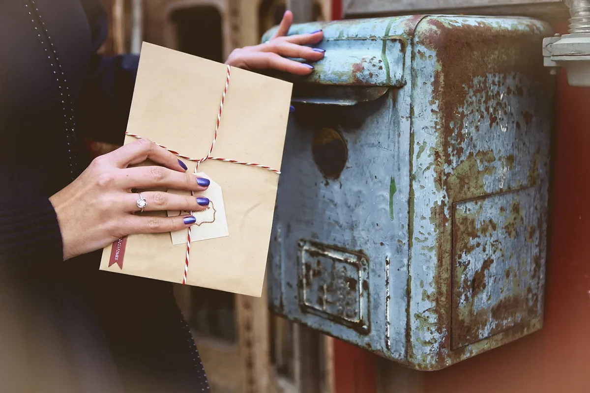 A person sending a direct mail package into an old blue mailbox