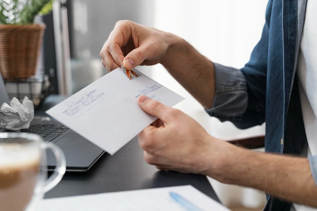 A person preparing direct mail by placing a stamp on an envelope