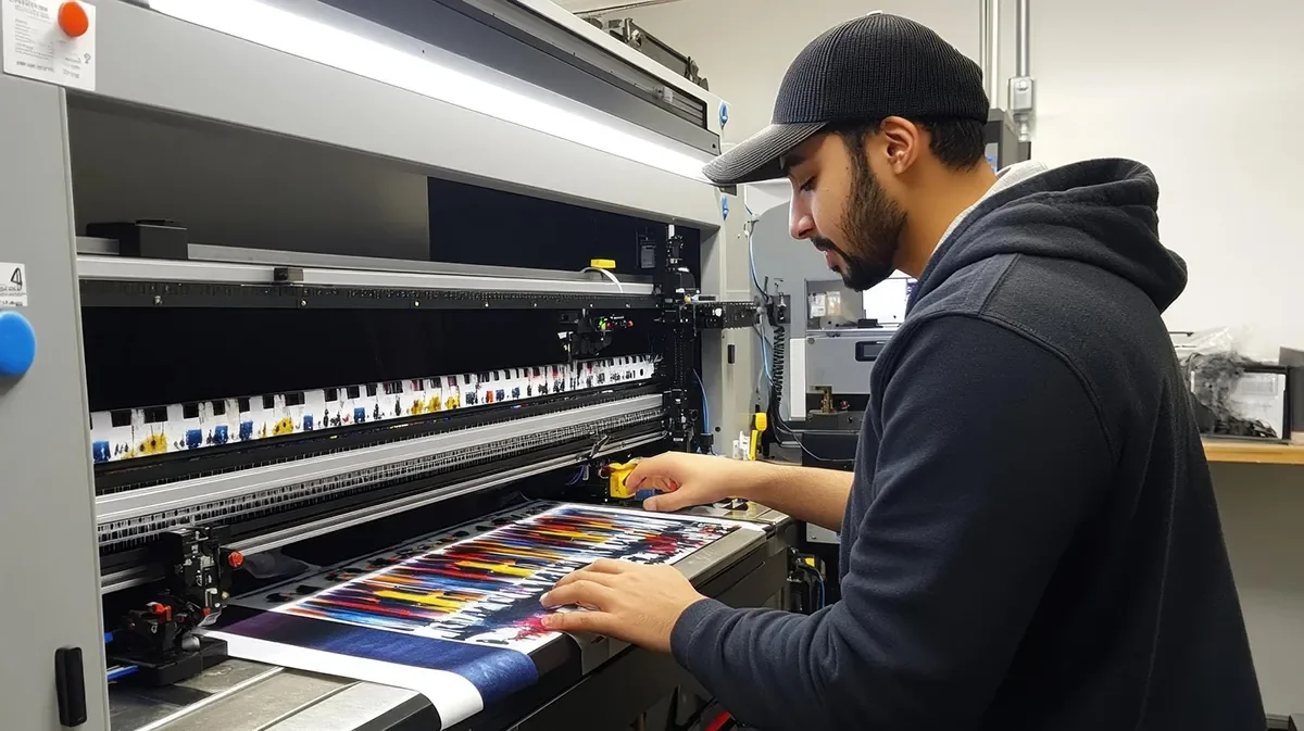 An operator running a high-capacity printer for marketing materials