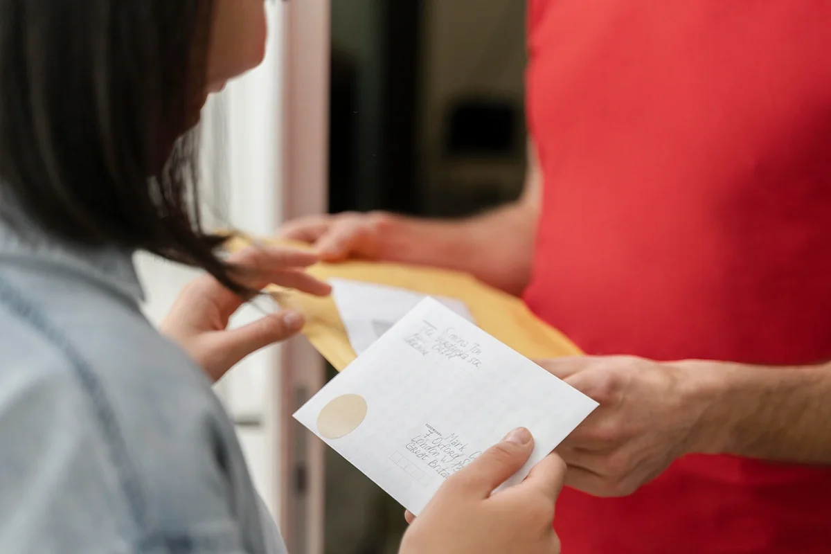 A person receiving a direct mail from a car dealership to engage potential customers