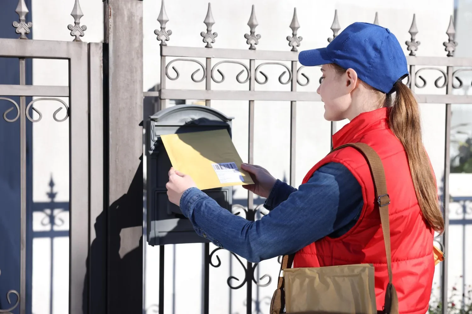 Direct mail piece being delivered to a residential mailbox by a postal carrier