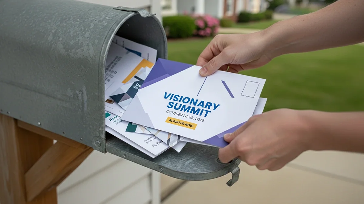 Event invitation postcard in a residential mailbox