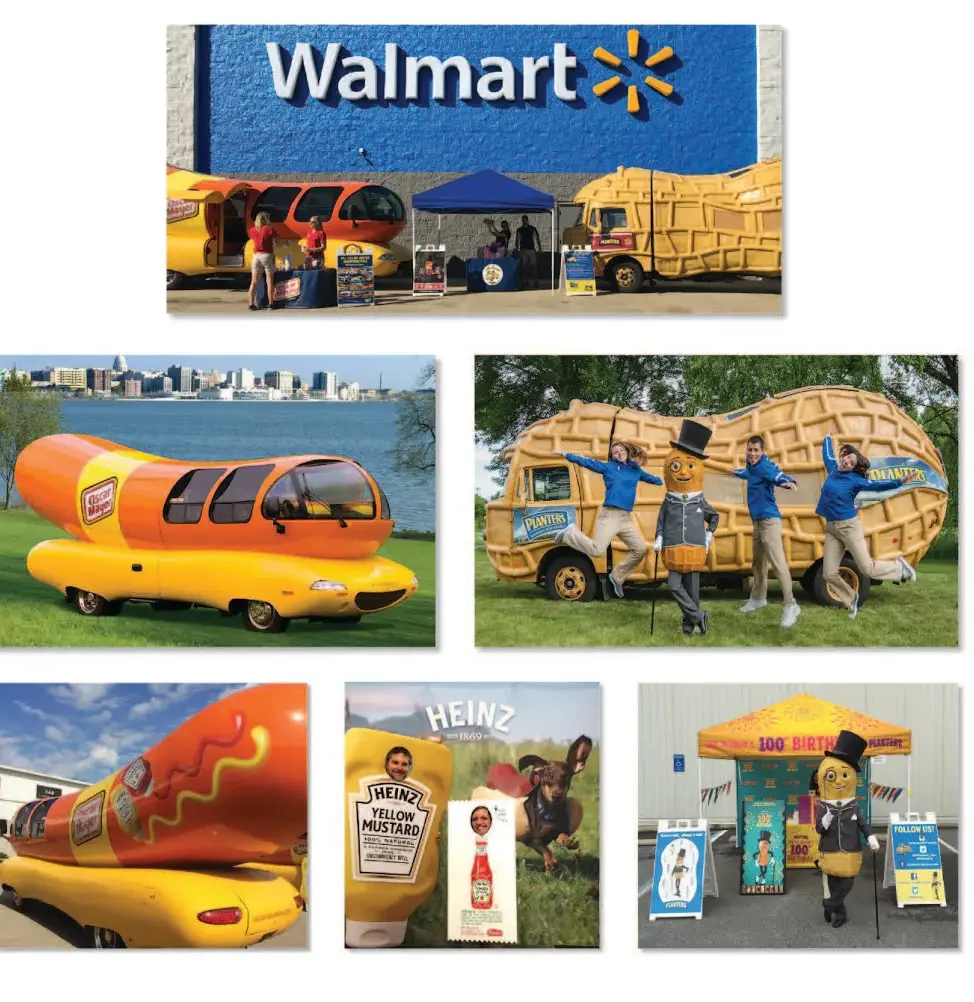 Kraft Heinz brand tour activations supported by Roundhouse Partners: Oscar Mayer Wienermobile, Planters Nutmobile, and branded event tents and signage at a retail location