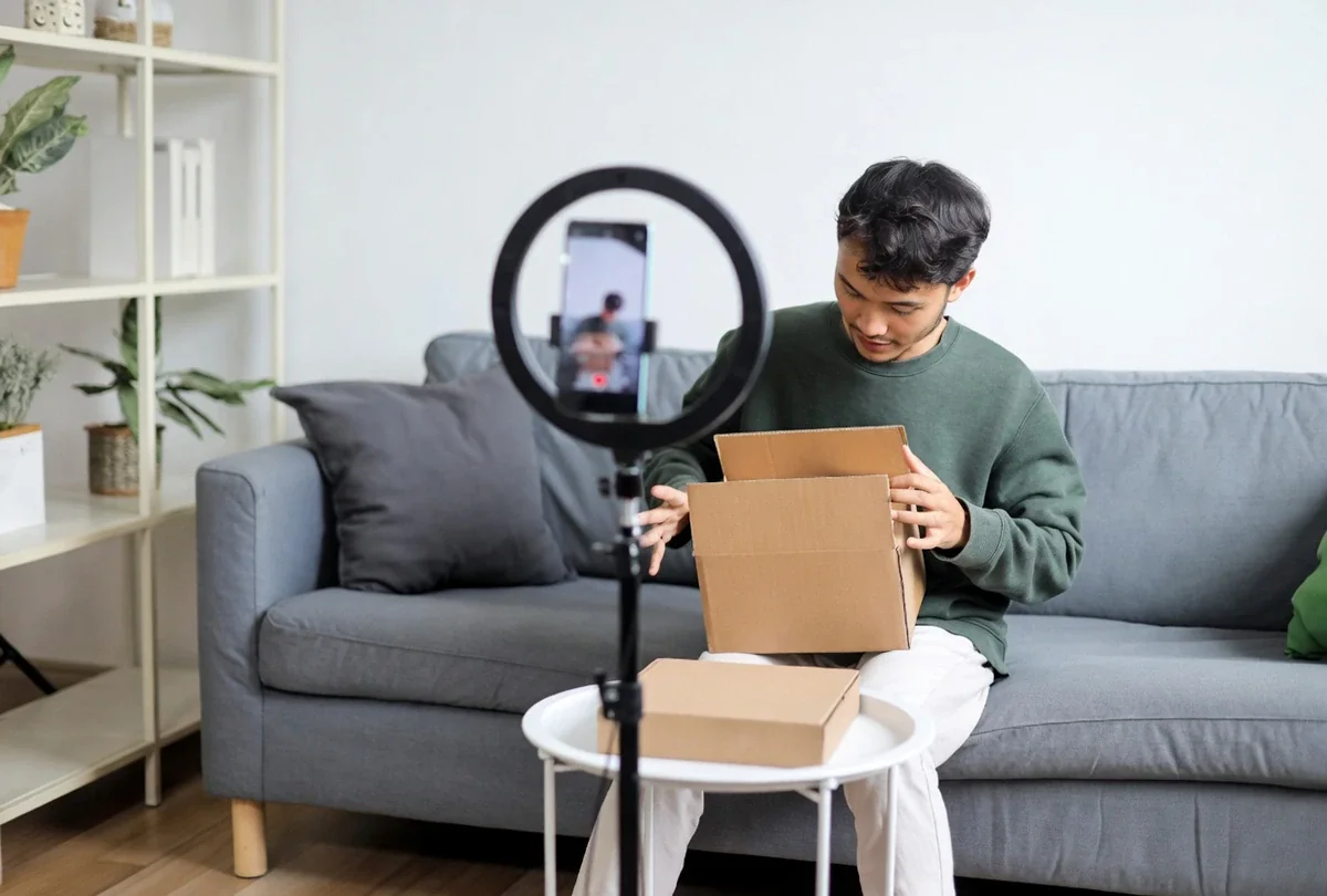 Male content creator filming an influencer kit unboxing video using a ring light and smartphone setup at home