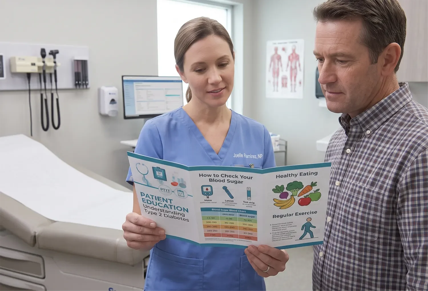 Patient receiving printed health education pamphlets from a clinic staff member