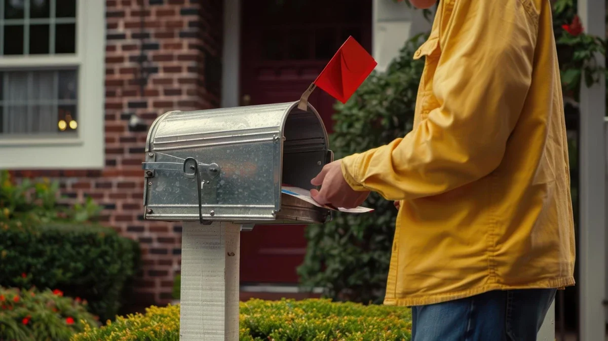 Person checking mailbox and holding postcards from retailers