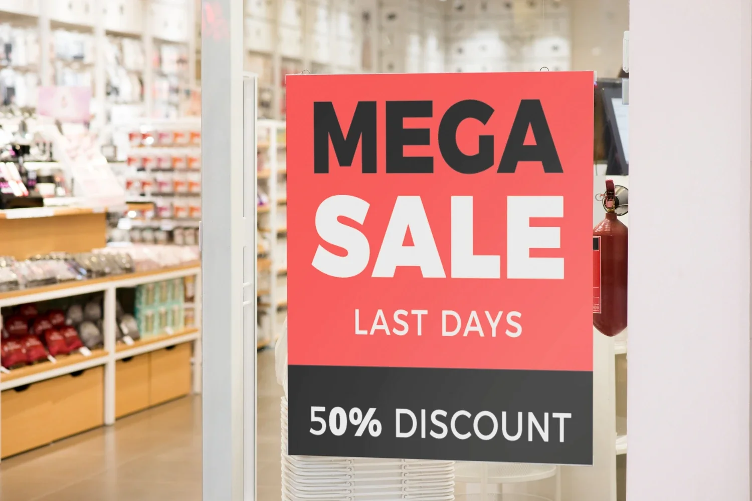 Point-of-sale sale sign positioned at a store entrance, promoting a 50% discount