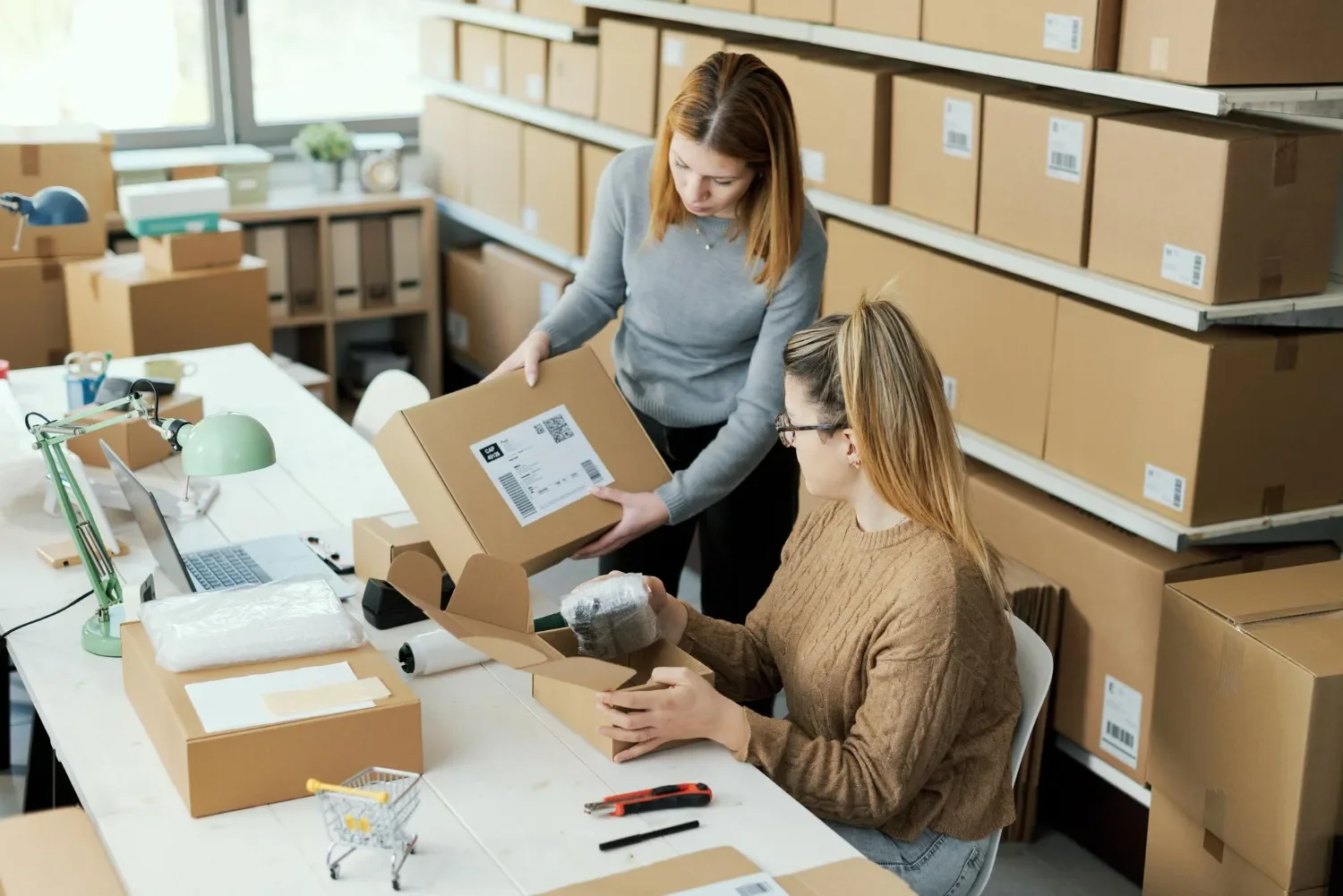 Two women assembling and packaging products for shipment